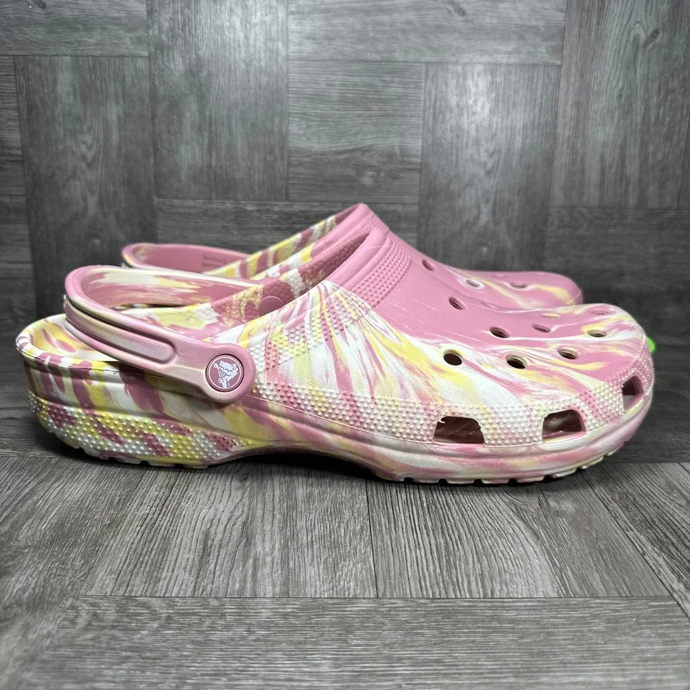 Crocs Classic Clog Mens 13 Pink Yellow Marble Tie Dye Slip On NEW